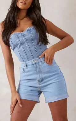 Tall Mid Blue Wash Turn Up Denim Shorts