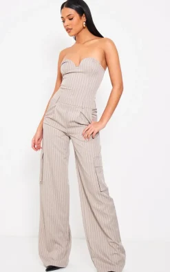 Tall Mocha Pinstripe Bandeau Wide Leg Jumpsuit
