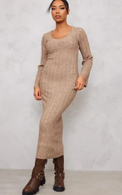 Tall Mocha Rib Knitted V Neck Midaxi Dress