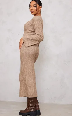 Tall Mocha Rib Knitted V Neck Midaxi Dress