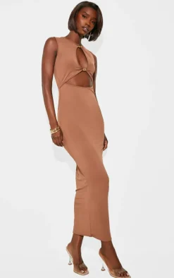Tall Mocha Slinky Cut Out Trim Detail Midaxi Dress