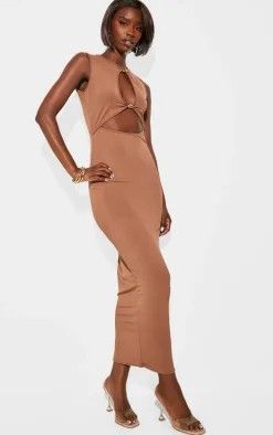 Tall Mocha Slinky Cut Out Trim Detail Midaxi Dress