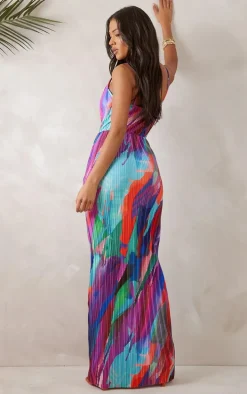 Tall Multi Abstract Print Plisse Strappy Maxi Dress