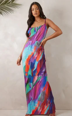 Tall Multi Abstract Print Plisse Strappy Maxi Dress
