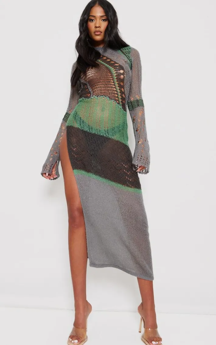 Tall Multi Open Knit Distressed Maxi Dress With Side Split