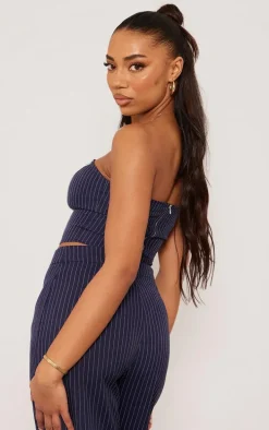 Tall Navy Pinstripe Bandeau Zip Up Top