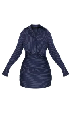 Tall Navy Pinstripe Shirt Ruched Mini Dress