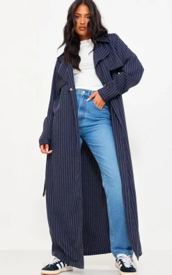 Tall Navy Pinstripe Tie Belt Maxi Trench Coat