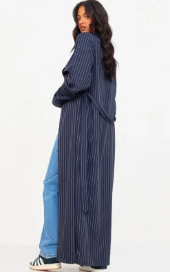 Tall Navy Pinstripe Tie Belt Maxi Trench Coat