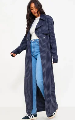 Tall Navy Pinstripe Tie Belt Maxi Trench Coat