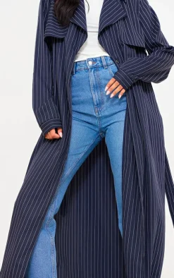 Tall Navy Pinstripe Tie Belt Maxi Trench Coat
