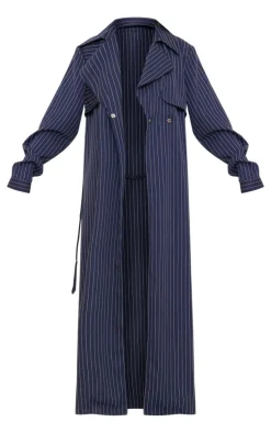 Tall Navy Pinstripe Tie Belt Maxi Trench Coat