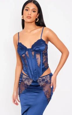 Tall Navy Satin Lace Trim Detail Corset Top