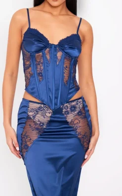 Tall Navy Satin Lace Trim Detail Corset Top