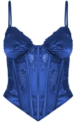 Tall Navy Satin Lace Trim Detail Corset Top