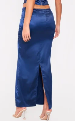 Tall Navy Satin Sheer Lace Panel Detail Midaxi Skirt