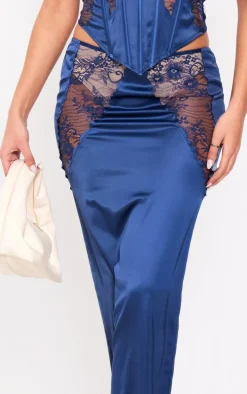 Tall Navy Satin Sheer Lace Panel Detail Midaxi Skirt