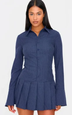 Tall Navy Stripe Shirt Pleated Mini Dress