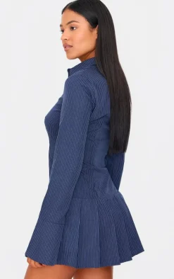 Tall Navy Stripe Shirt Pleated Mini Dress