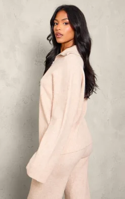 Tall Oatmeal Rib Knit Quarter Zip Long Sleeve Sweater