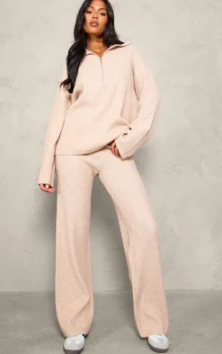 Tall Oatmeal Rib Knit Quarter Zip Long Sleeve Sweater