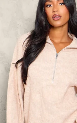 Tall Oatmeal Rib Knit Quarter Zip Long Sleeve Sweater