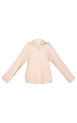 Tall Oatmeal Rib Knit Quarter Zip Long Sleeve Sweater