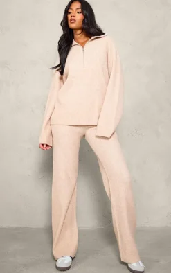 Tall Oatmeal Rib Knit Wide Leg Pants