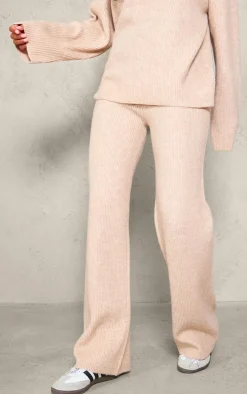 Tall Oatmeal Rib Knit Wide Leg Pants