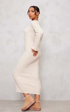 Tall Oatmeal Rib Knitted V Neck Midaxi Dress