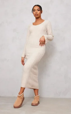 Tall Oatmeal Rib Knitted V Neck Midaxi Dress