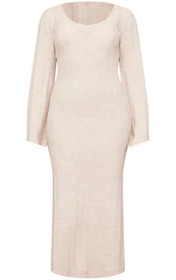 Tall Oatmeal Rib Knitted V Neck Midaxi Dress