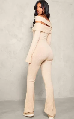 Tall Oatmeal Soft Knit Bardot Foldover Asymmetric Neck Jumpsuit