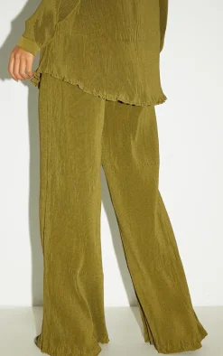 Tall Olive Plisse High Waisted Wide Leg Pants