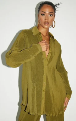 Tall Olive Plisse Oversized Cuff Detail Shirt