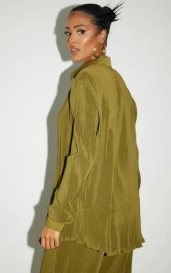 Tall Olive Plisse Oversized Cuff Detail Shirt