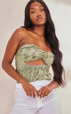 Tall Olive Satin Textured Bandeau Crop Top