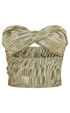 Tall Olive Satin Textured Bandeau Crop Top