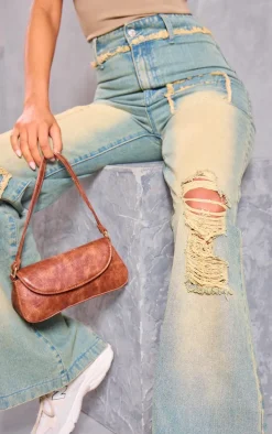 Tall Ombre Wash Distressed Detail High Waist Wide Leg Jeans