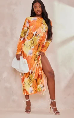 Tall Orange Floral Print Plisse Long Sleeve Split Detail Midi Dress