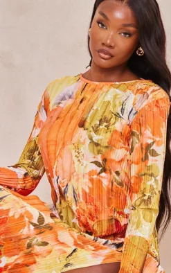 Tall Orange Floral Print Plisse Long Sleeve Split Detail Midi Dress