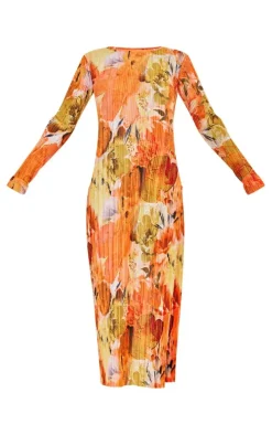 Tall Orange Floral Print Plisse Long Sleeve Split Detail Midi Dress
