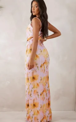 Tall Pink Floral Print Plisse Strappy Maxi Dress