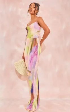 Tall Purple Watercolour Print Plisse Strappy Maxi Dress