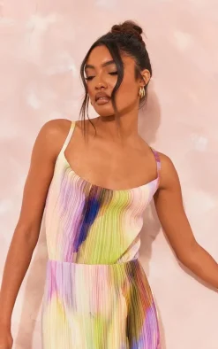 Tall Purple Watercolour Print Plisse Strappy Maxi Dress