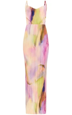 Tall Purple Watercolour Print Plisse Strappy Maxi Dress