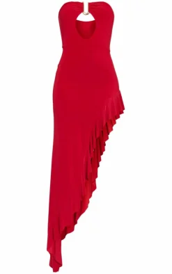 Tall Red Slinky Ruffle Trim Midaxi Dress