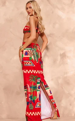 Tall Red Tropical Print Cut Out Detail Maxi Dress