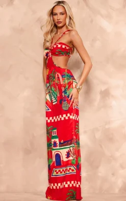 Tall Red Tropical Print Cut Out Detail Maxi Dress