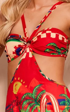 Tall Red Tropical Print Cut Out Detail Maxi Dress